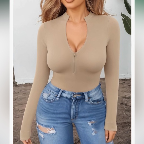 MANGOPOP Long Sleeve Body Suit Mock Turtle Neck Zip Up Ribbed Deep V Cut Medium - Picture 3 of 4